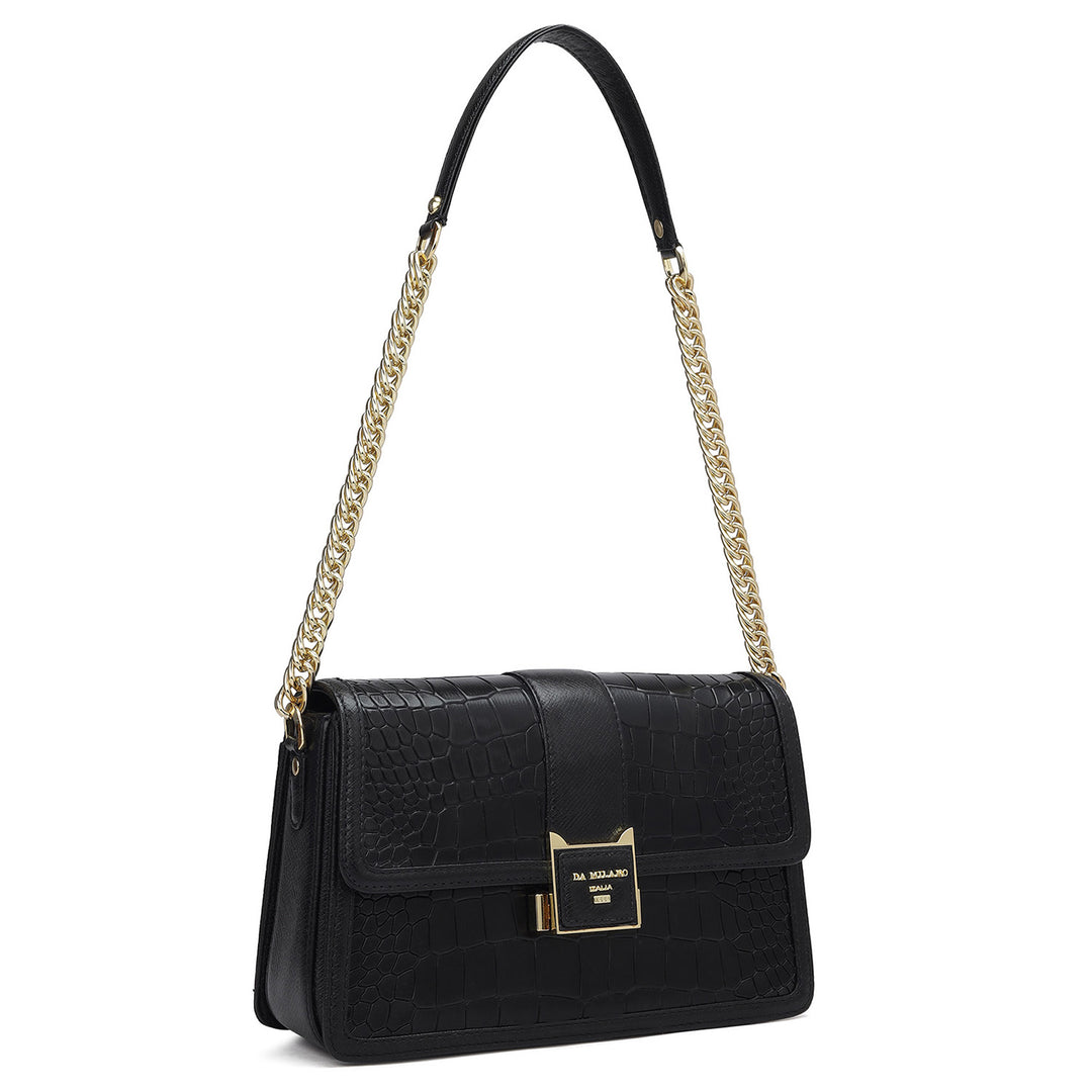 Small Croco Franzy Leather Shoulder Bag - Black