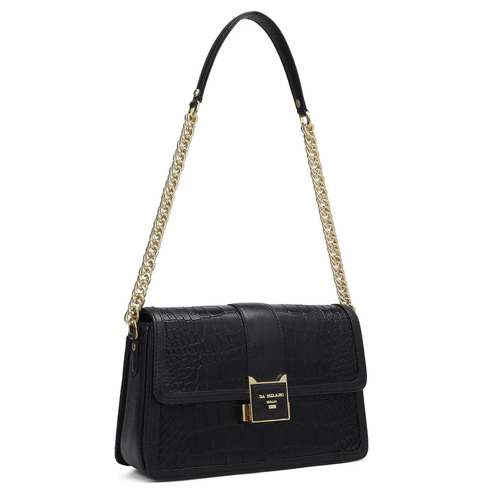 Small Croco Franzy Leather Shoulder Bag - Black