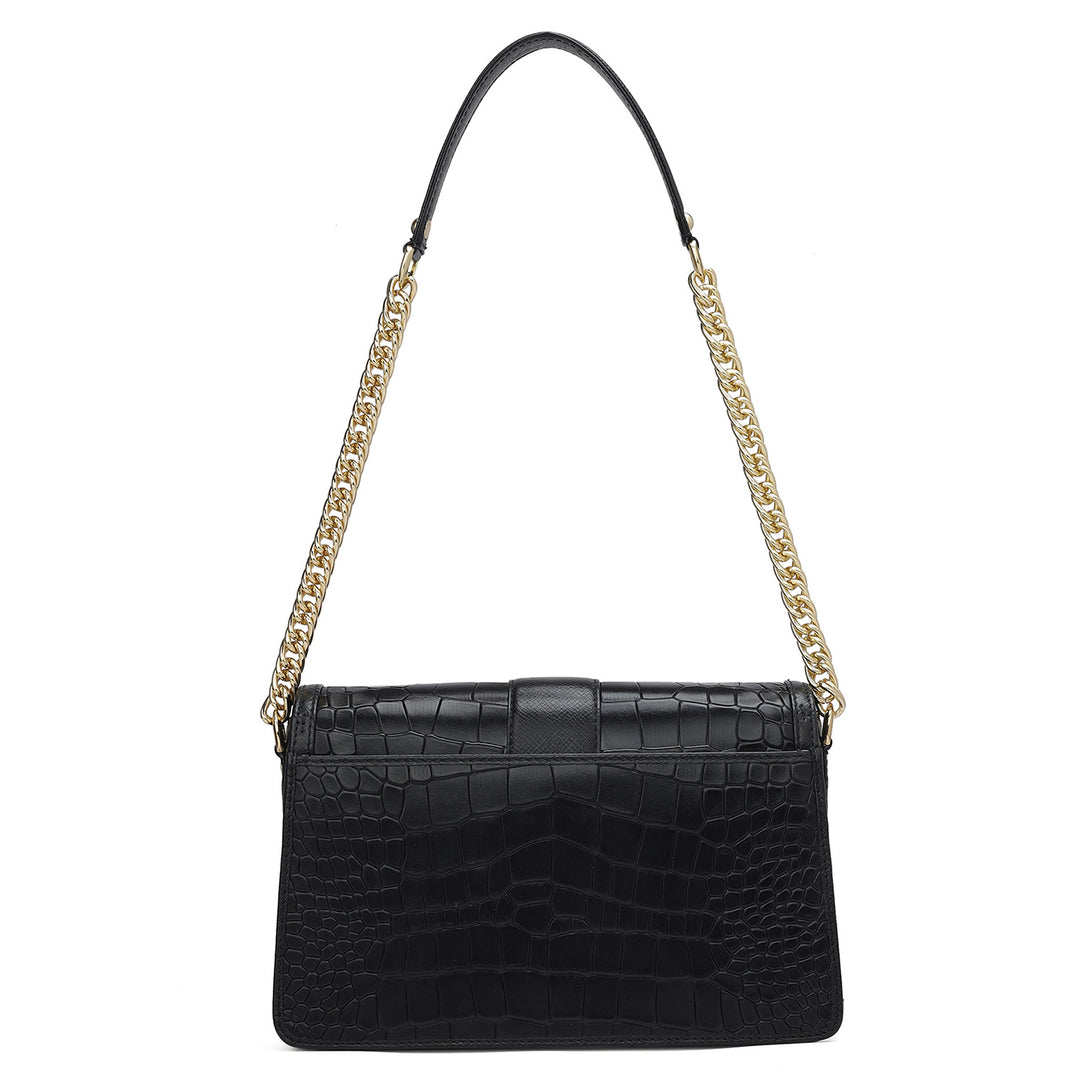 Small Croco Franzy Leather Shoulder Bag - Black