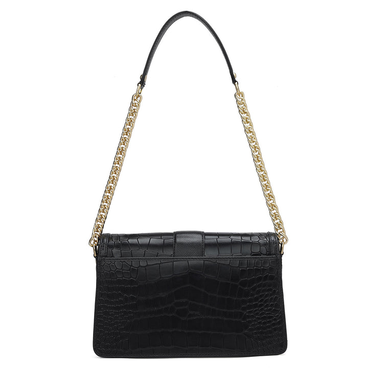 Small Croco Franzy Leather Shoulder Bag - Black