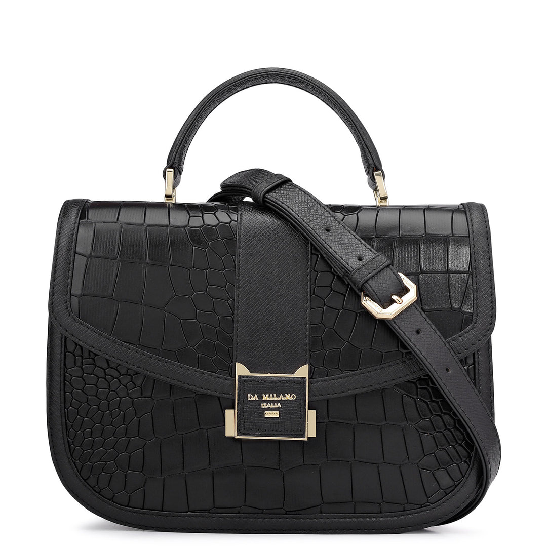 Small Croco Franzy Leather Satchel - Black