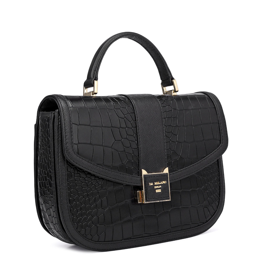 Small Croco Franzy Leather Satchel - Black