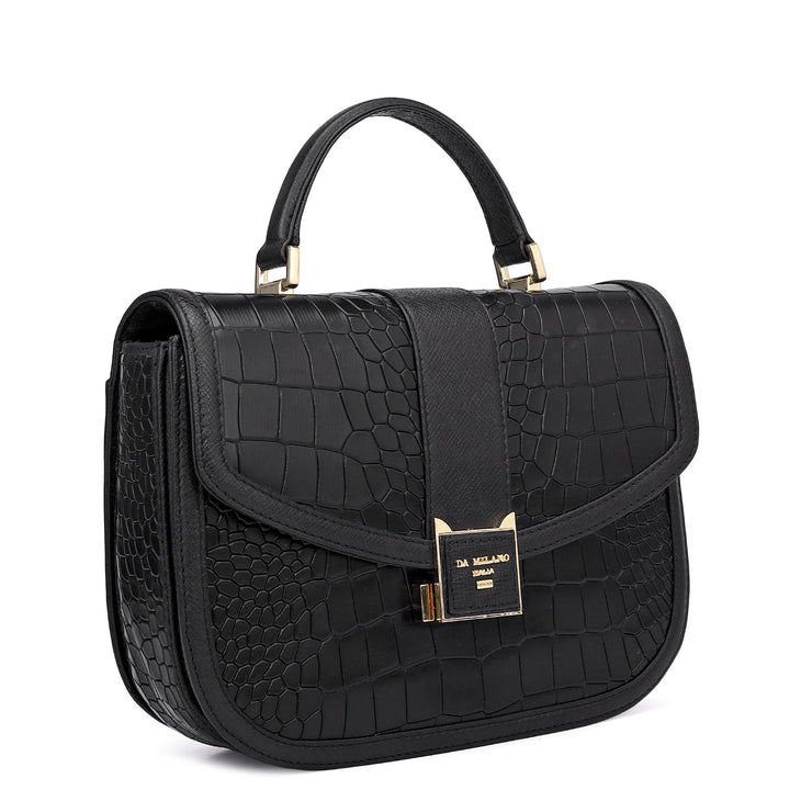 Small Croco Franzy Leather Satchel - Black
