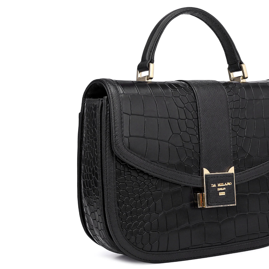 Small Croco Franzy Leather Satchel - Black
