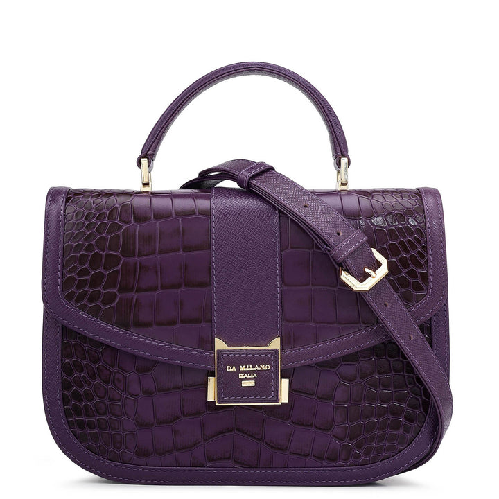 Small Croco Franzy Leather Satchel - Grapevine