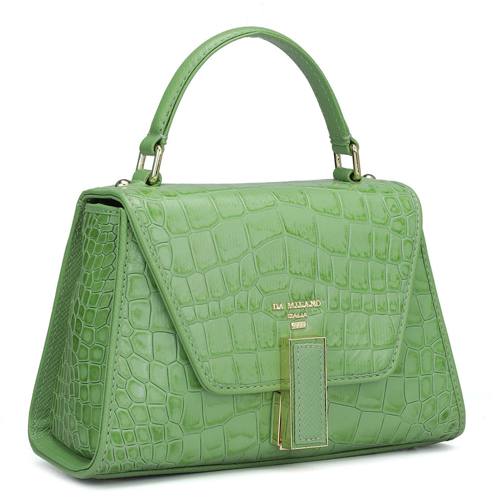 Small Croco Leather Satchel - Kiwi