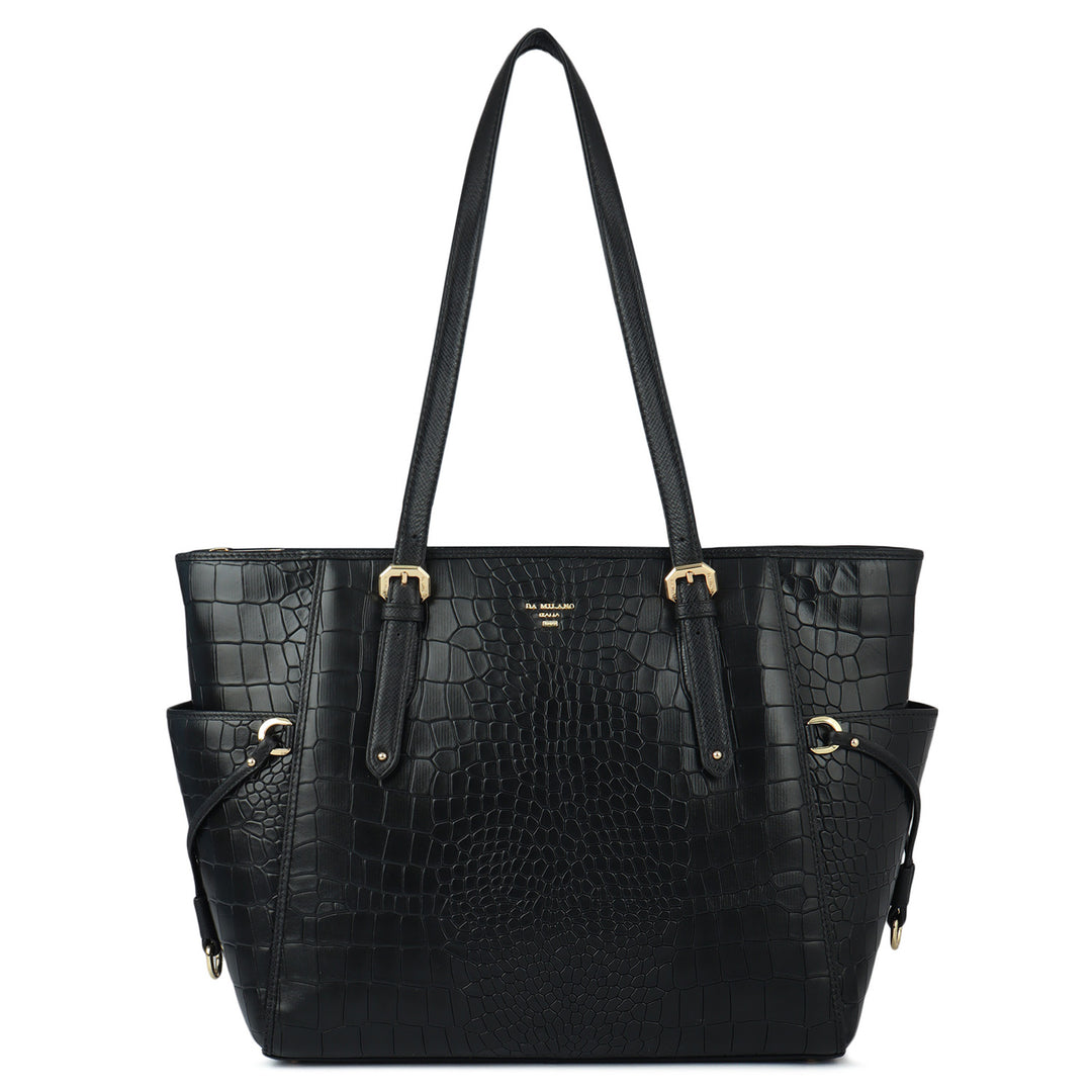 Large Croco Leather Tote - Black