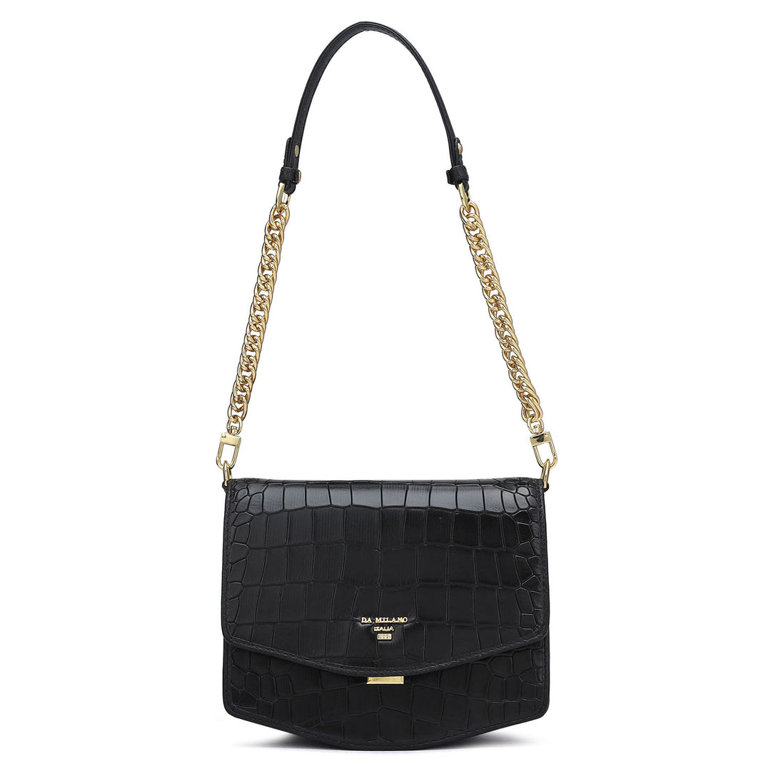 Small Croco Leather Shoulder Bag - Black