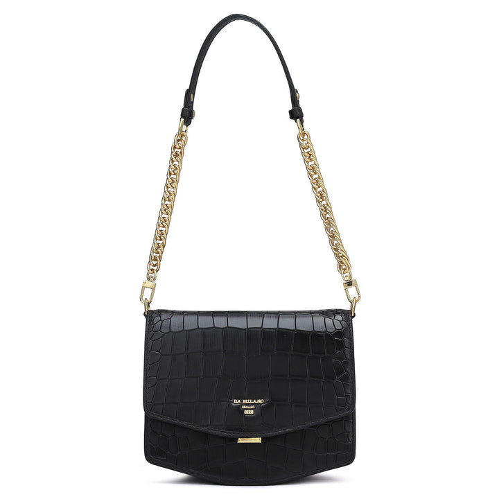 Small Croco Leather Shoulder Bag - Black