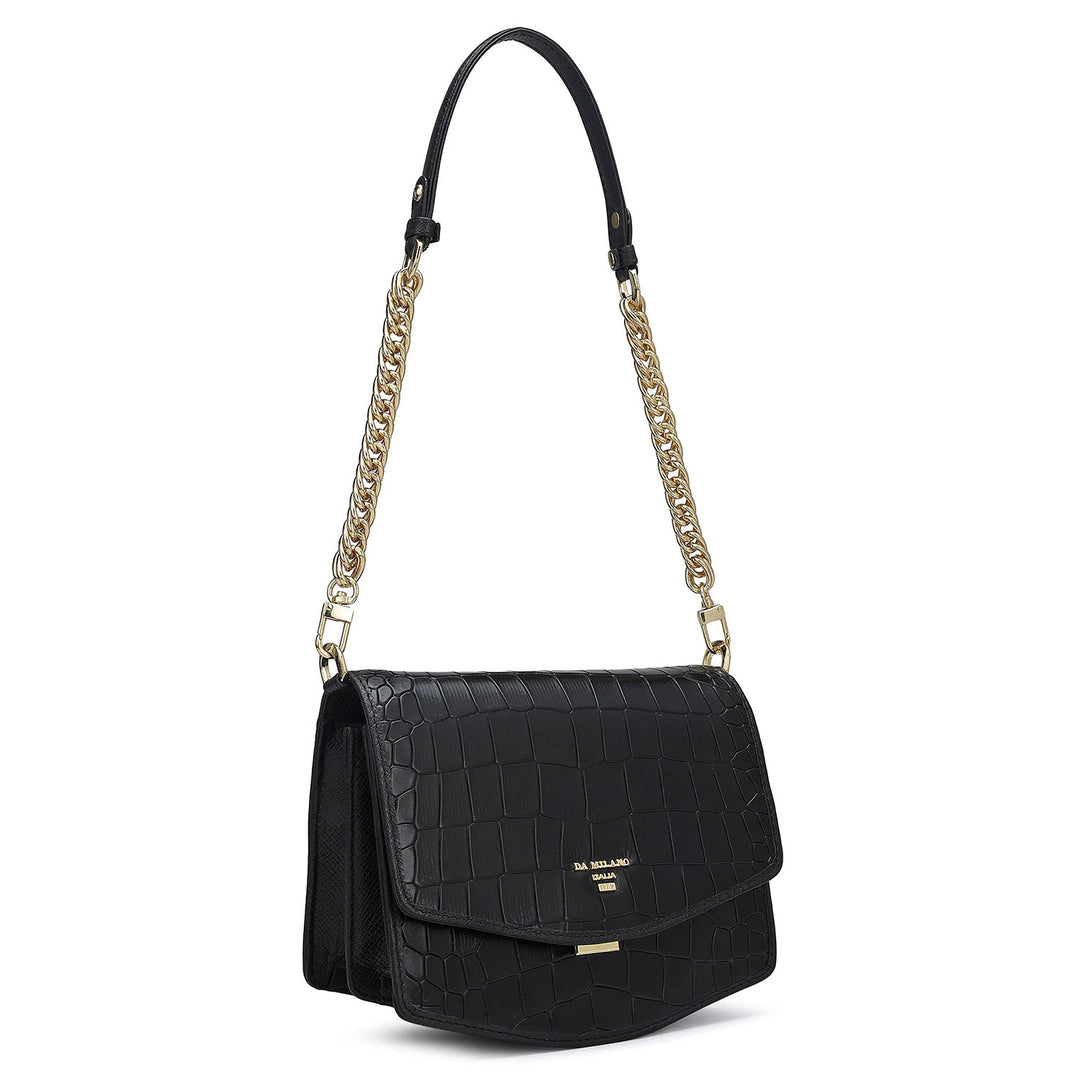 Small Croco Leather Shoulder Bag - Black