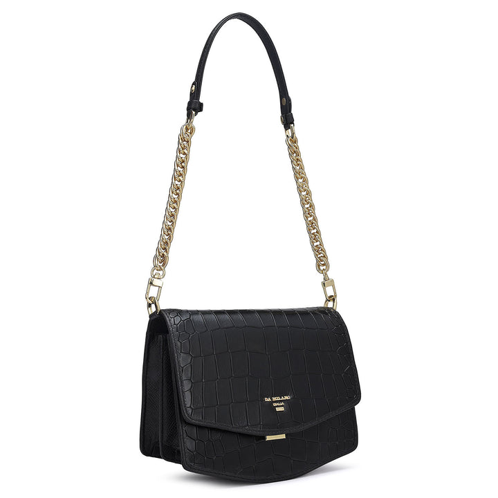 Small Croco Leather Shoulder Bag - Black