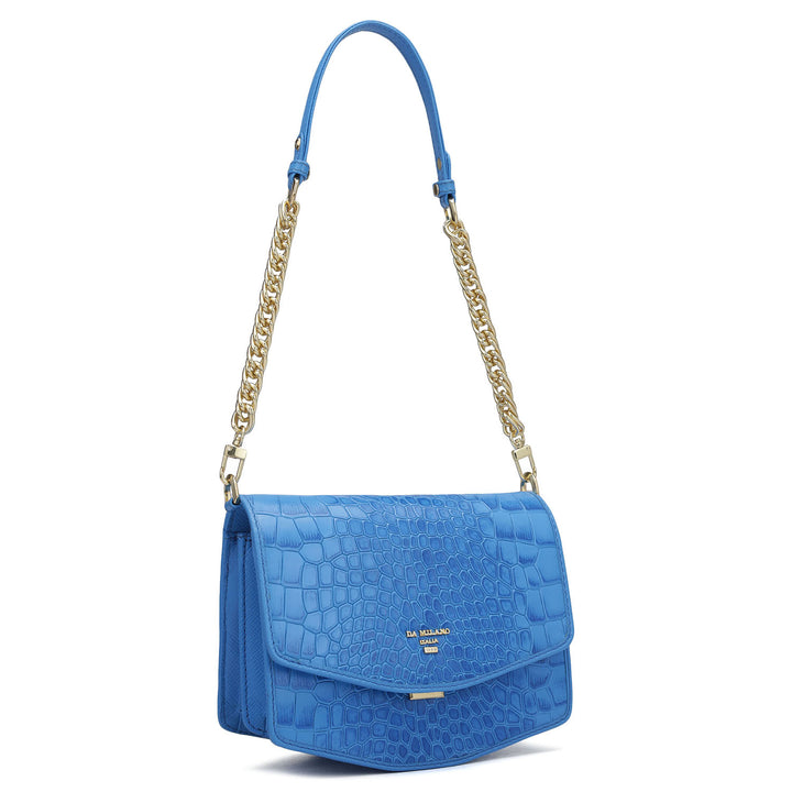 Small Croco Leather Shoulder Bag - Blue