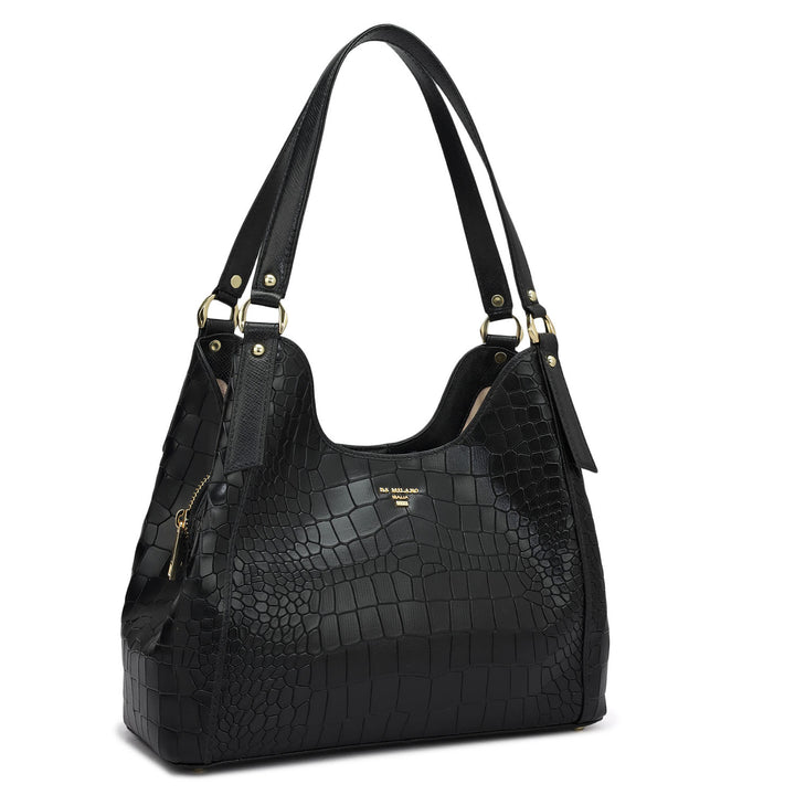 Medium Croco Leather Hobo - Black
