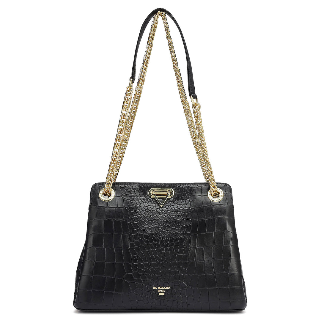 Small Croco Leather Shoulder Bag - Black