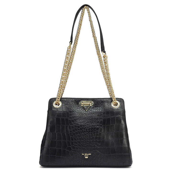 Small Croco Leather Shoulder Bag - Black