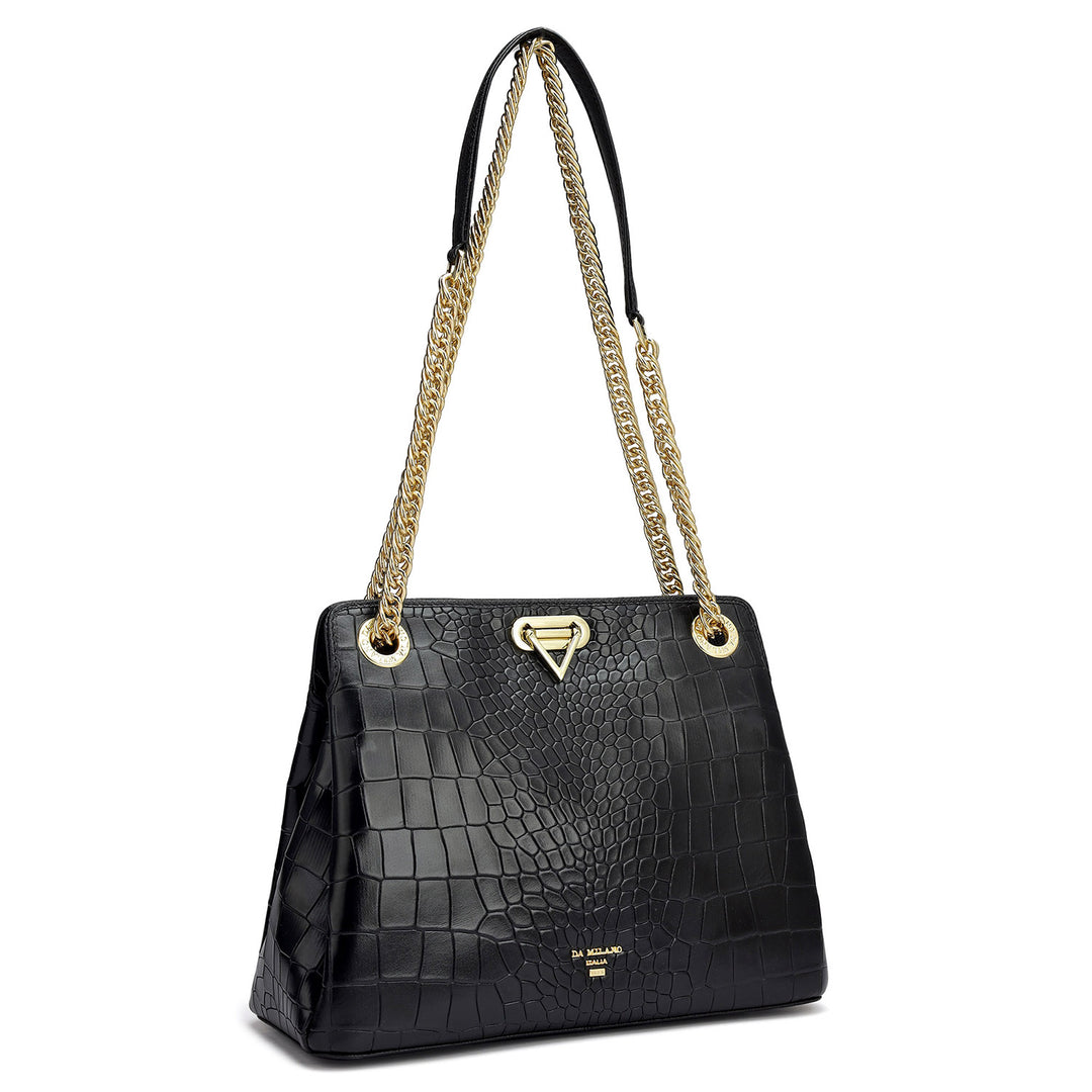 Small Croco Leather Shoulder Bag - Black