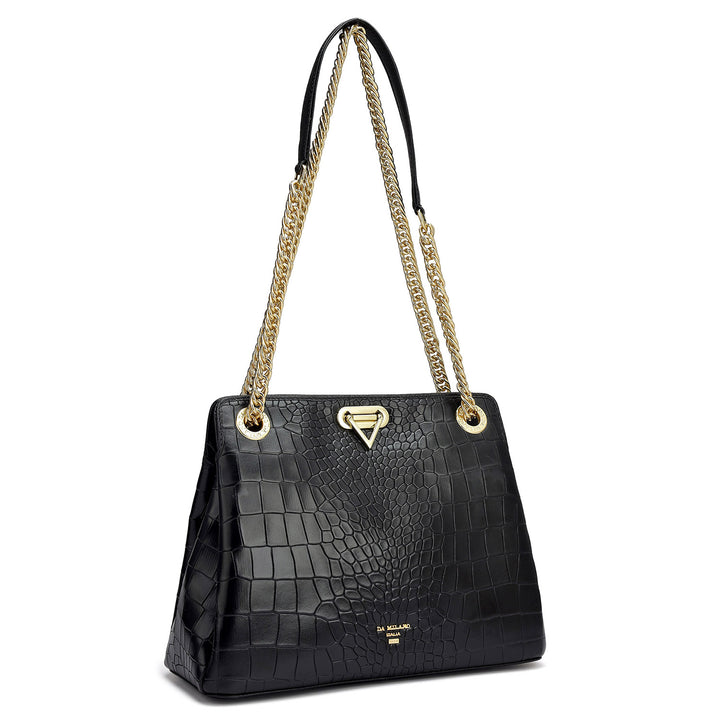 Small Croco Leather Shoulder Bag - Black