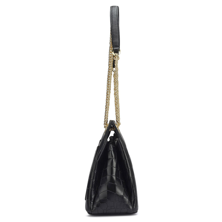 Small Croco Leather Shoulder Bag - Black