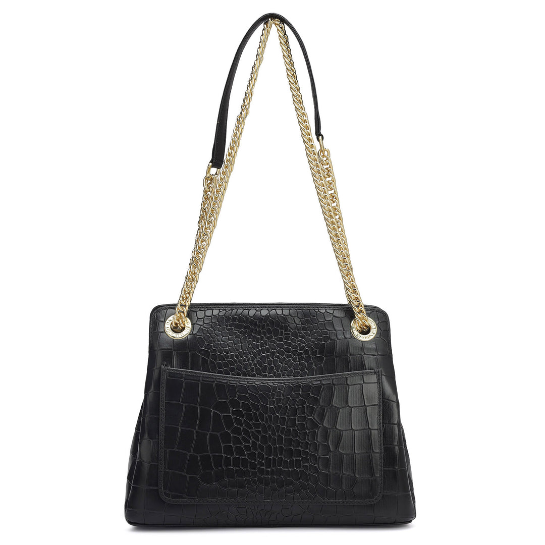 Small Croco Leather Shoulder Bag - Black