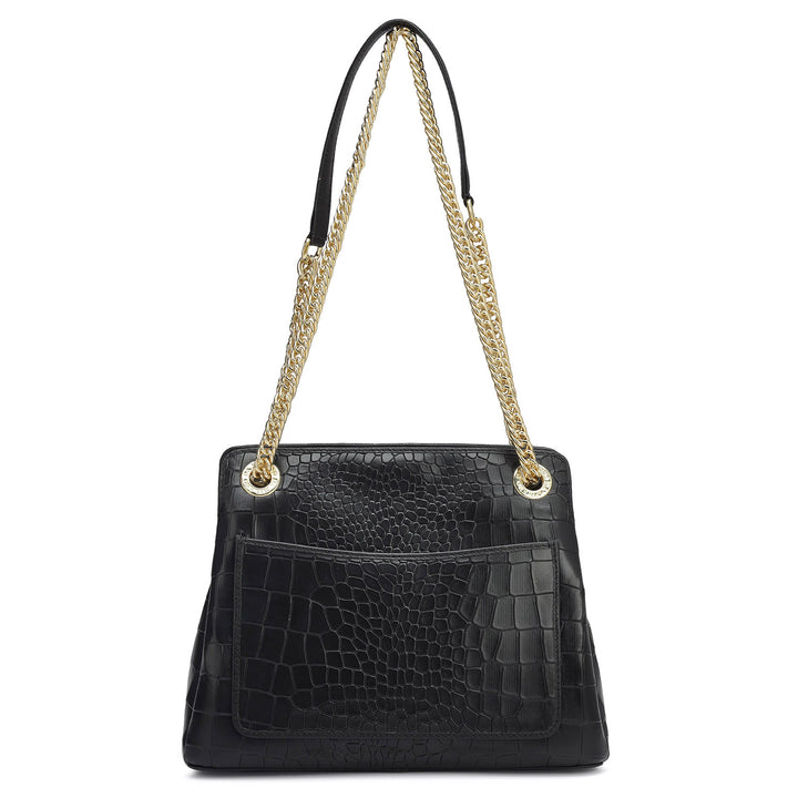 Small Croco Leather Shoulder Bag - Black
