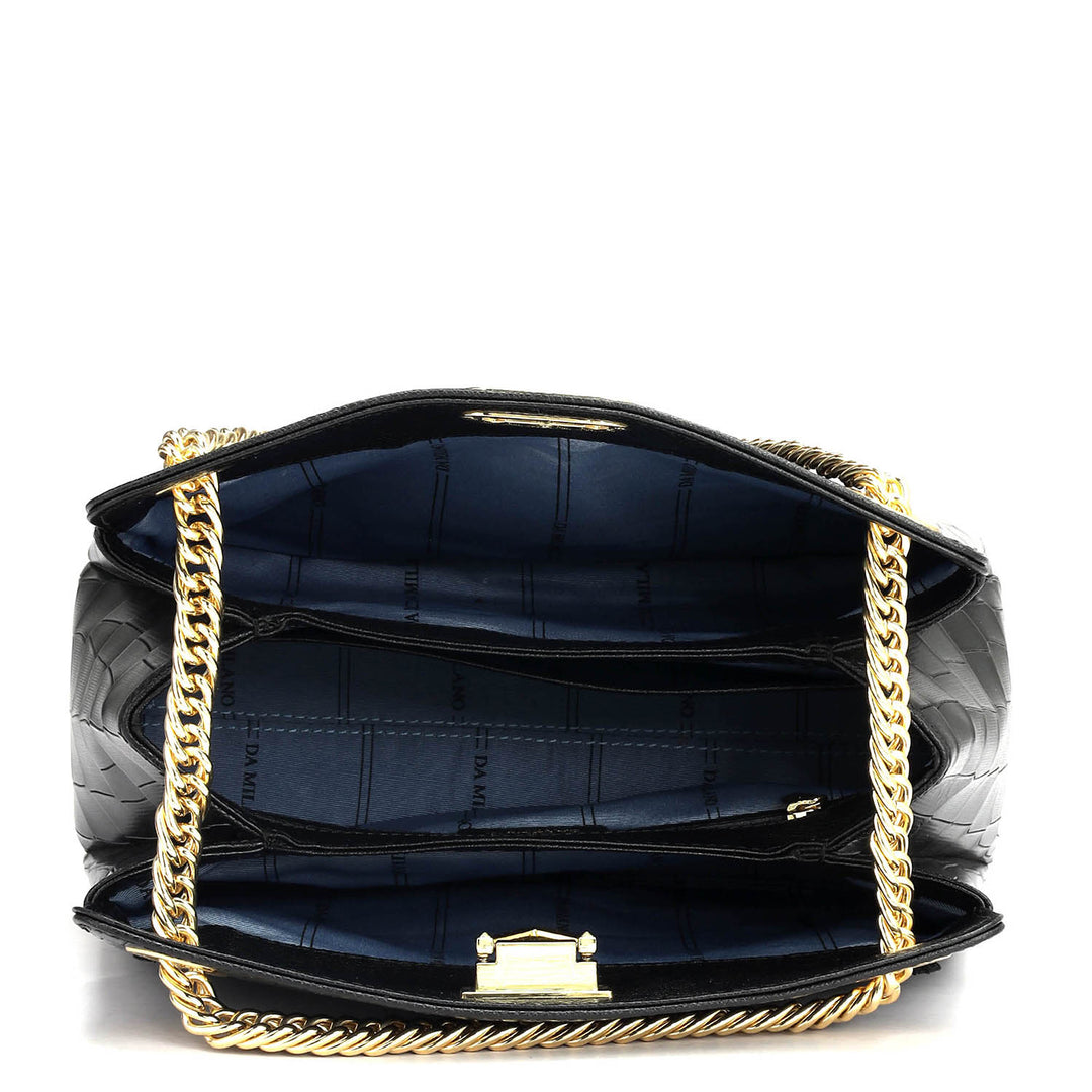 Small Croco Leather Shoulder Bag - Black