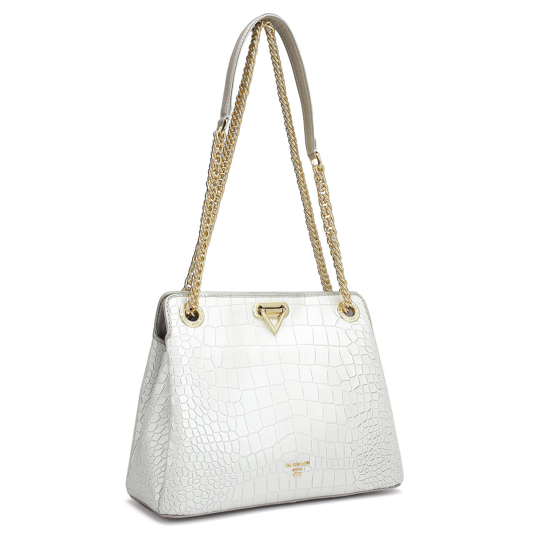 Small Croco Leather Shoulder Bag - Pearl