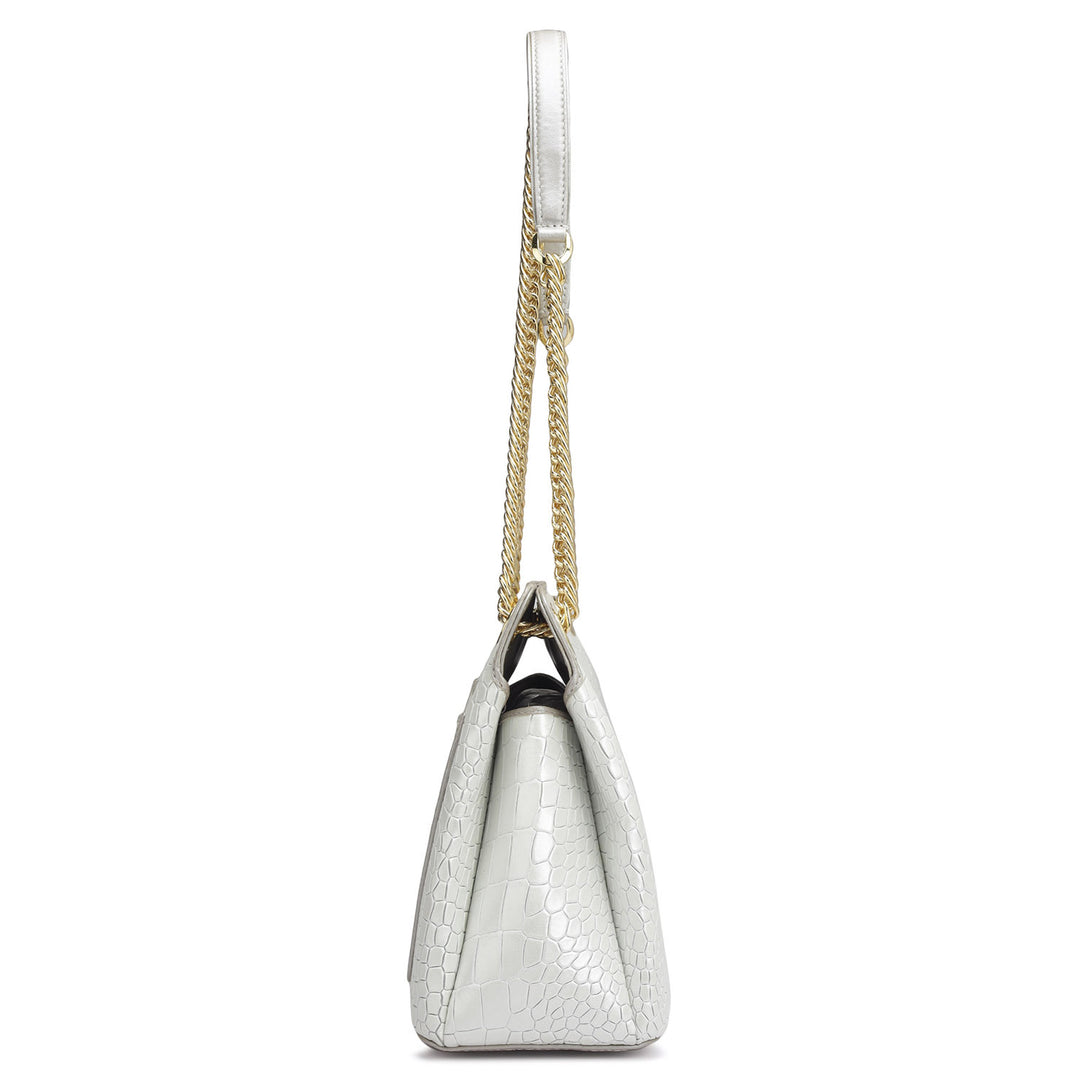 Small Croco Leather Shoulder Bag - Pearl
