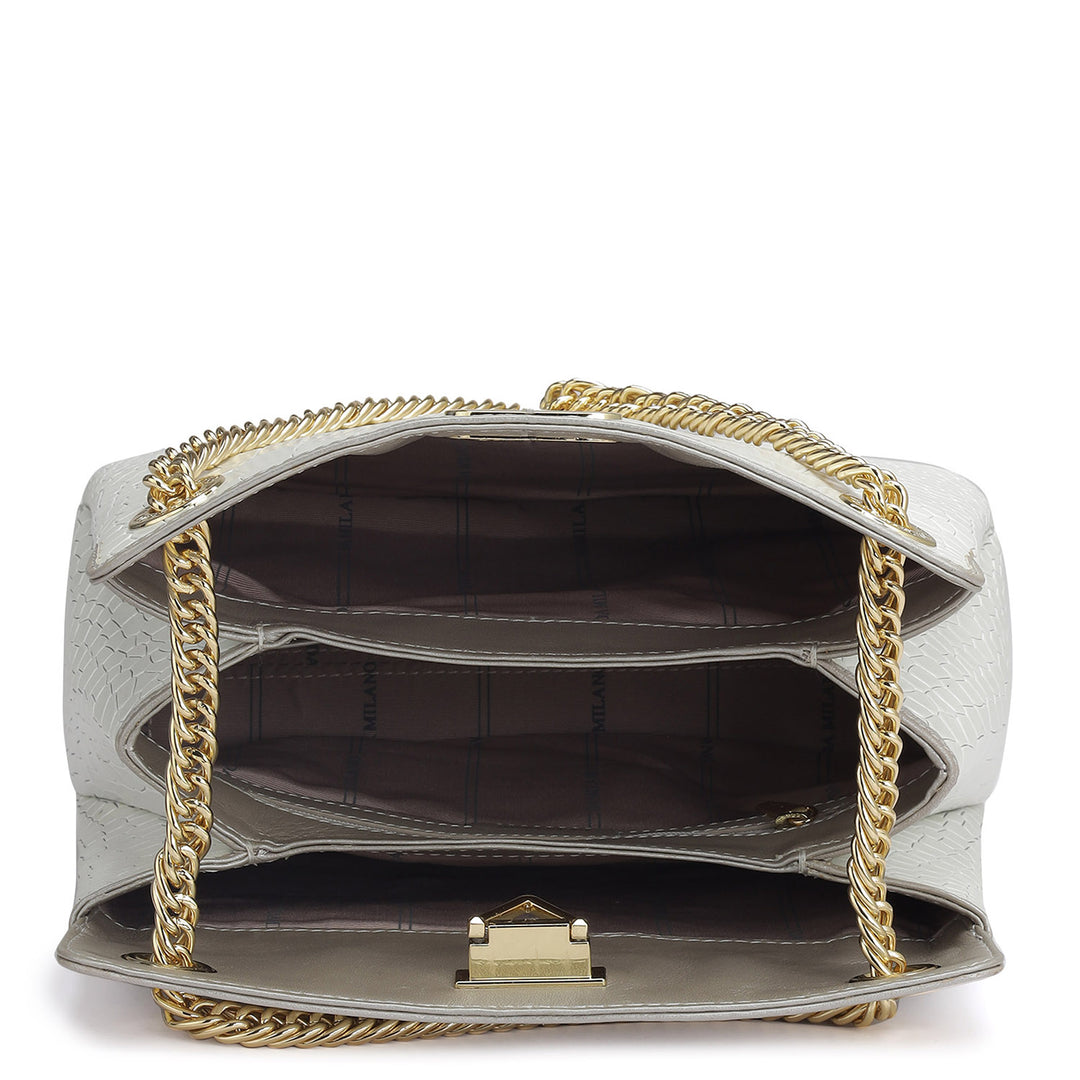 Small Croco Leather Shoulder Bag - Pearl