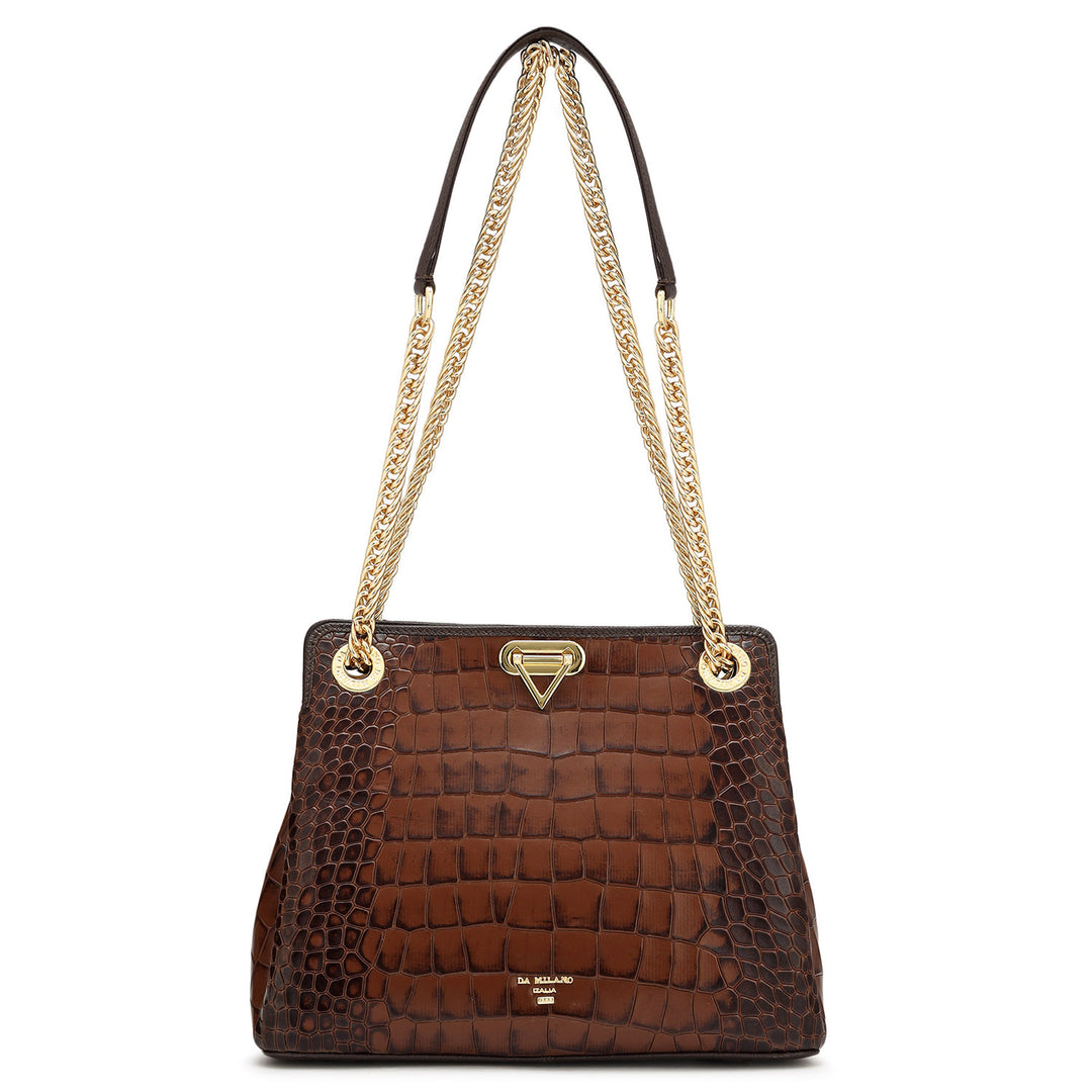 Small Croco Leather Shoulder Bag - Brown