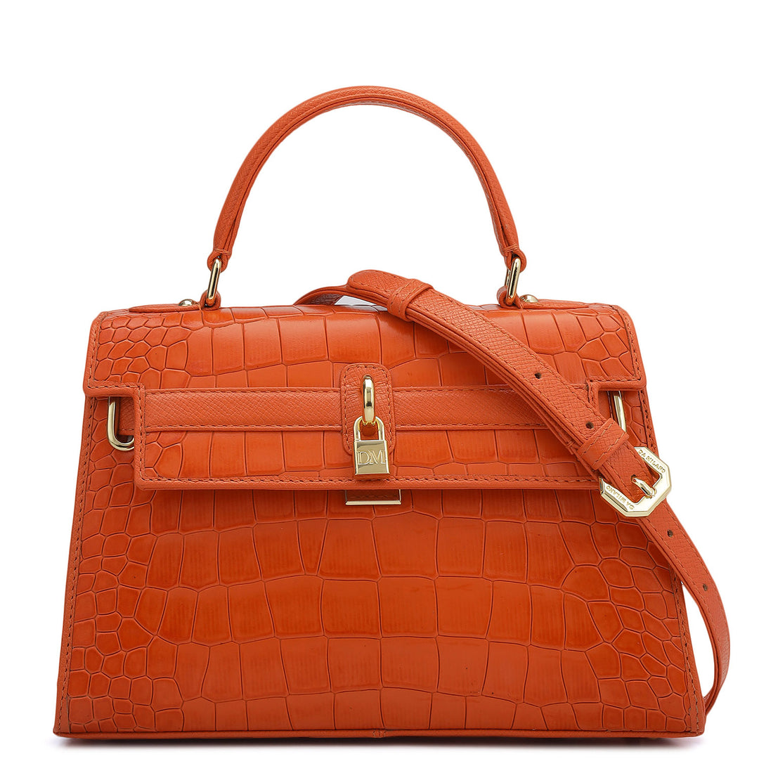 Small Croco Leather Satchel - Pumpkin