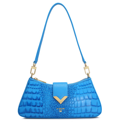 Small Croco Leather Baguette - Blue