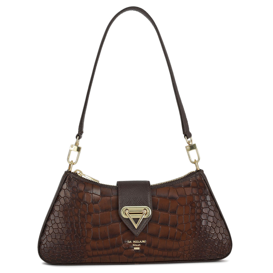 Small Croco Leather Baguette  - Brown