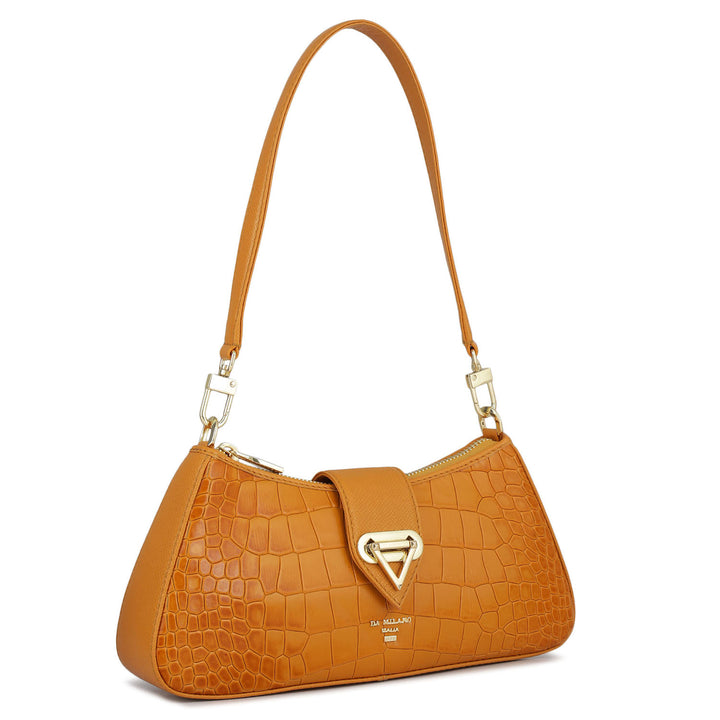 Small Croco Leather Baguette  - Flame