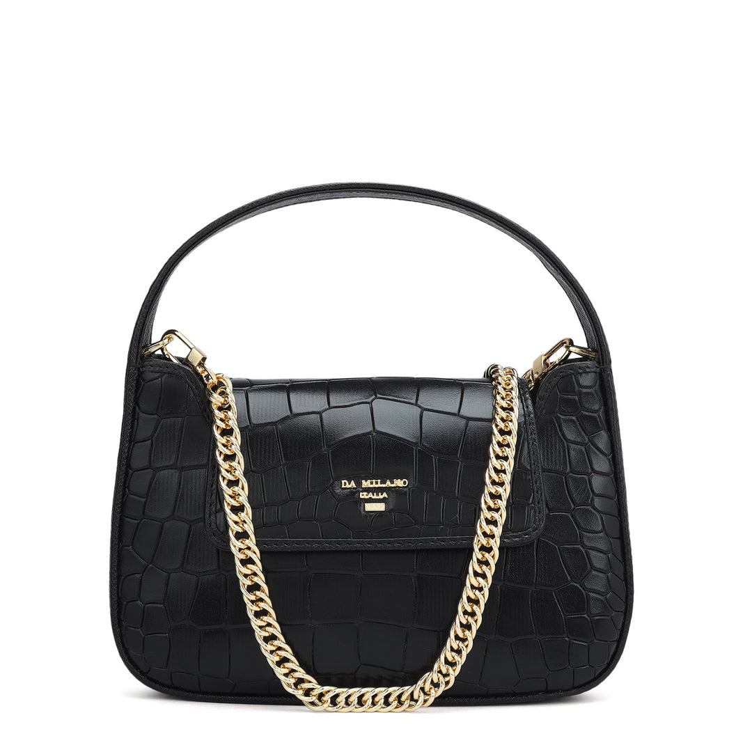Small Croco Leather Baguette - Black