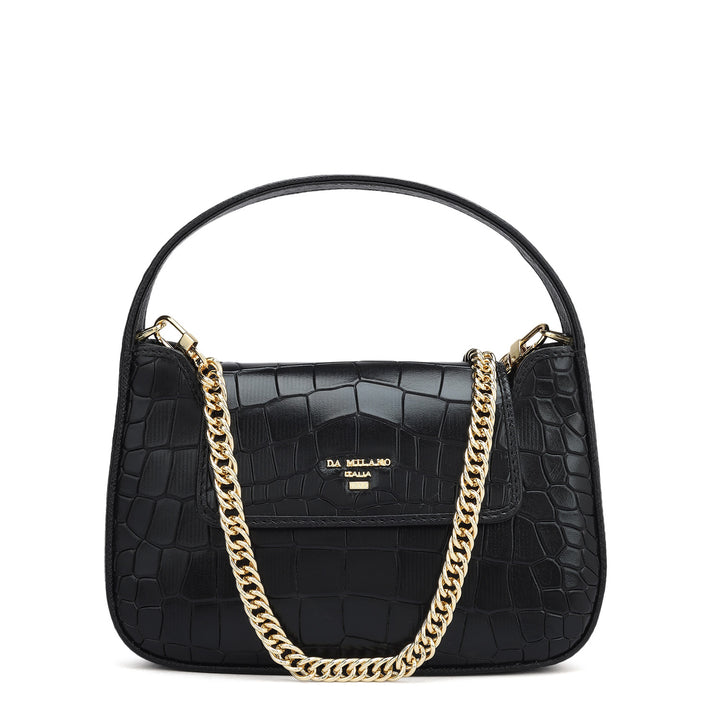 Small Croco Leather Baguette - Black