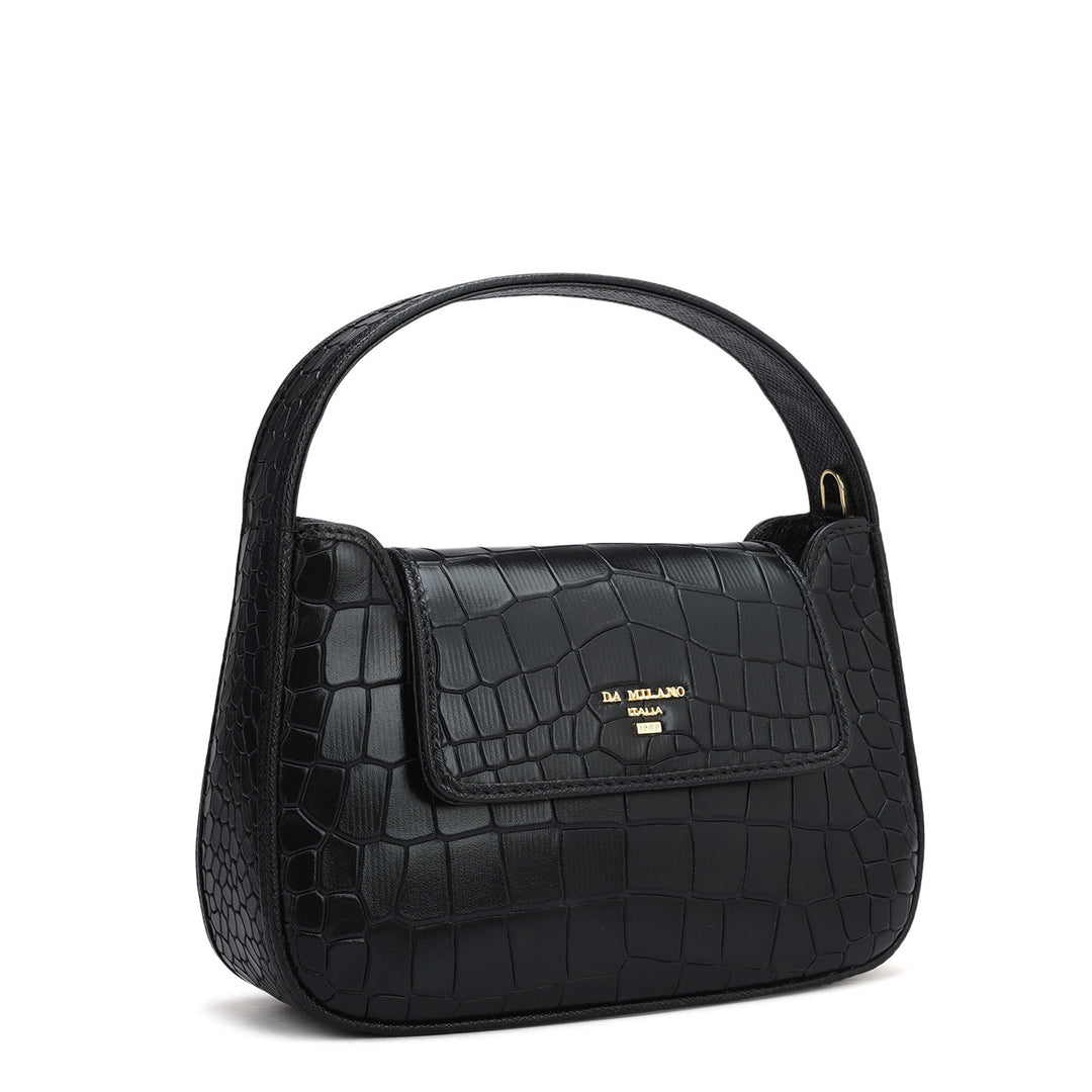 Small Croco Leather Baguette - Black