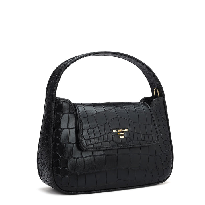Small Croco Leather Baguette - Black