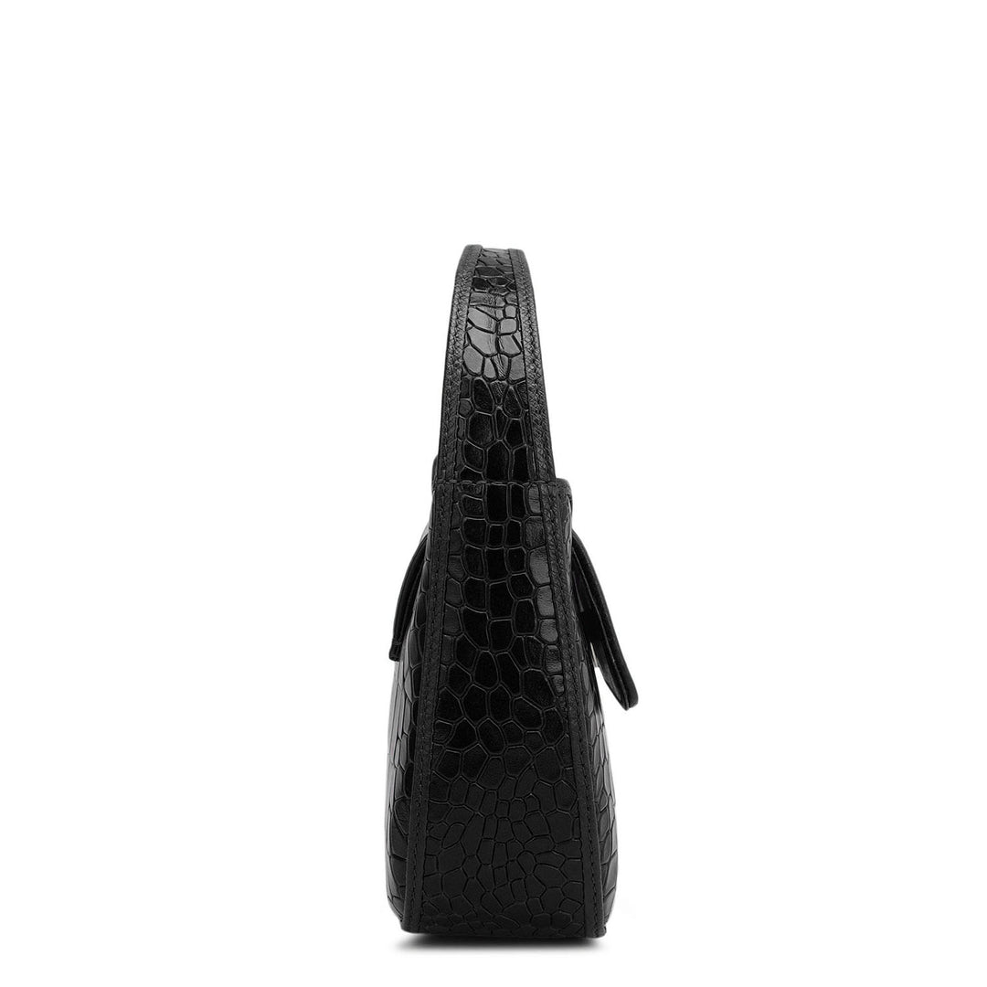 Small Croco Leather Baguette - Black