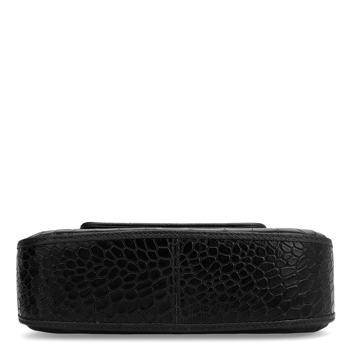 Small Croco Leather Baguette - Black
