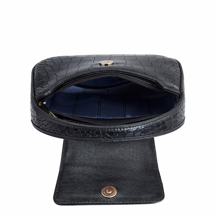 Small Croco Leather Baguette - Black