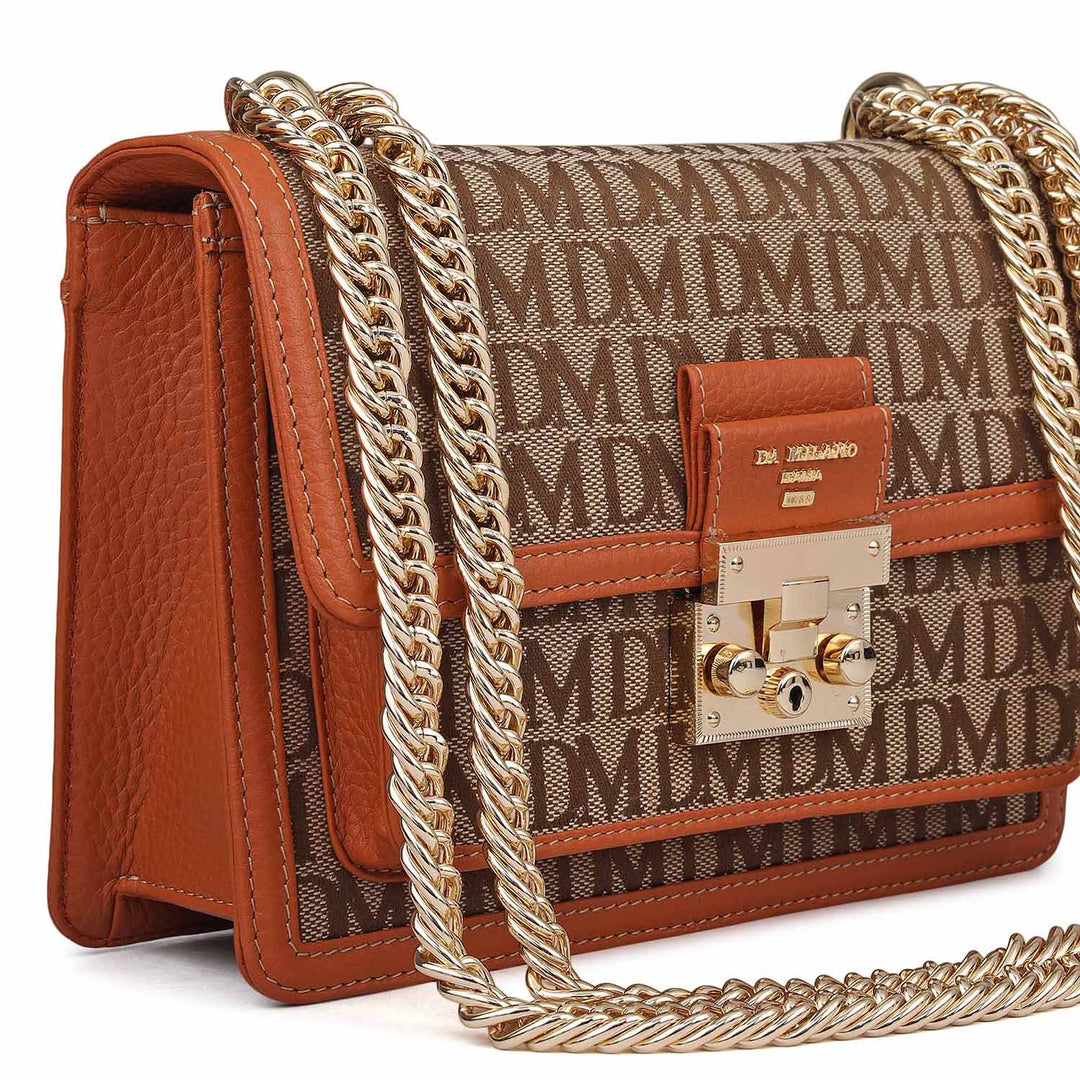 Small Canvas Wax Leather Shoulder Bag - Beige & Orange