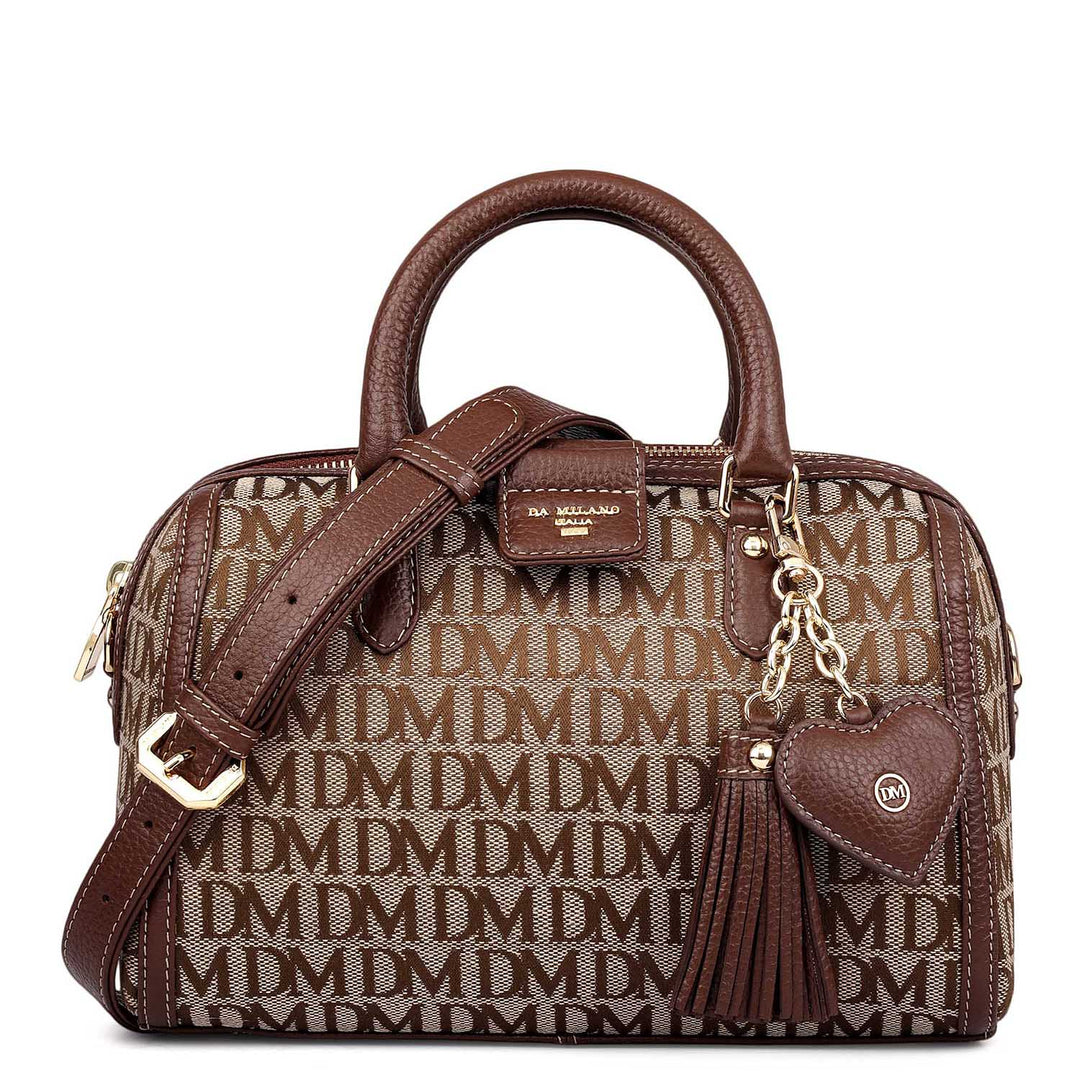 Small Canvas Wax Leather Satchel - Beige & Espresso