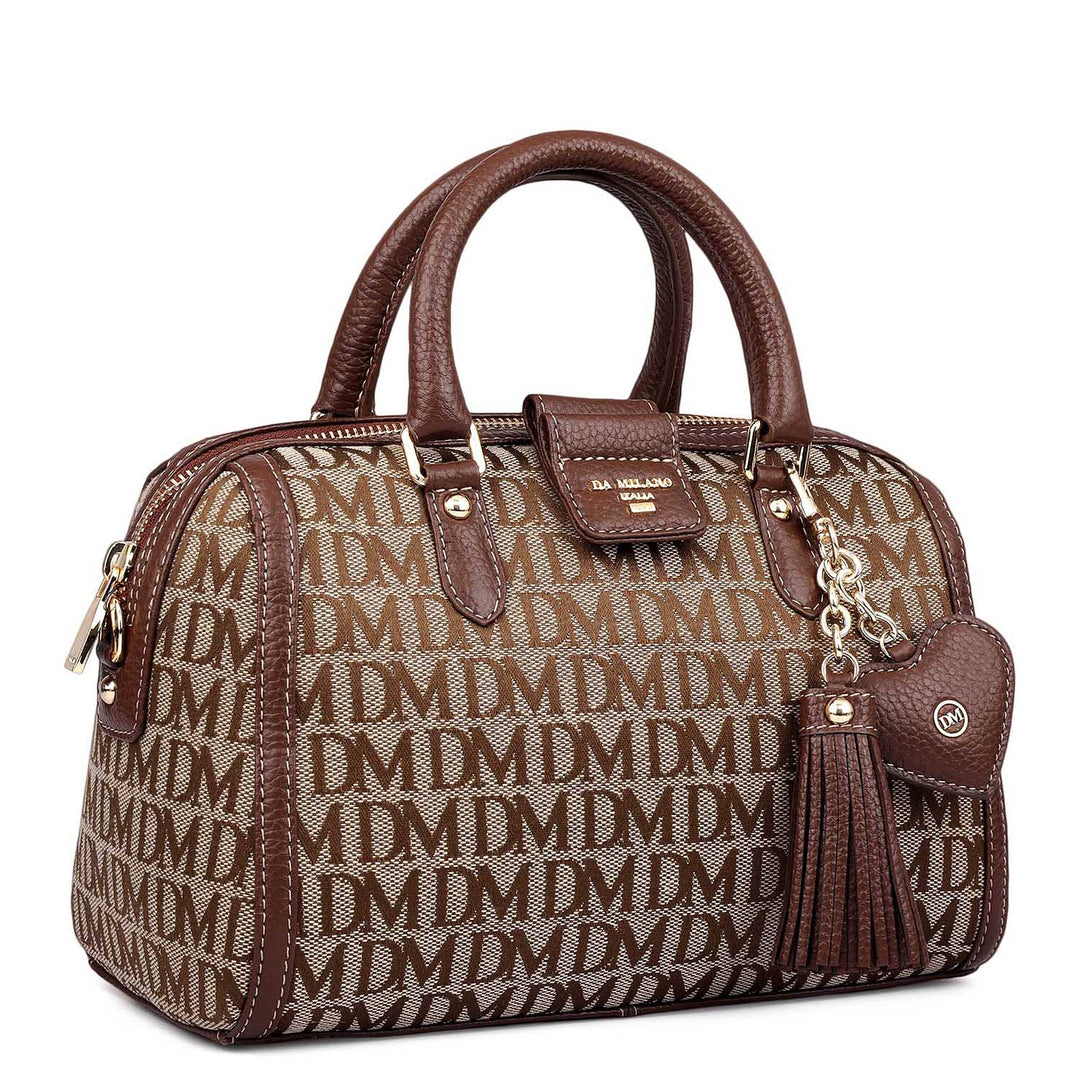 Small Canvas Wax Leather Satchel - Beige & Espresso