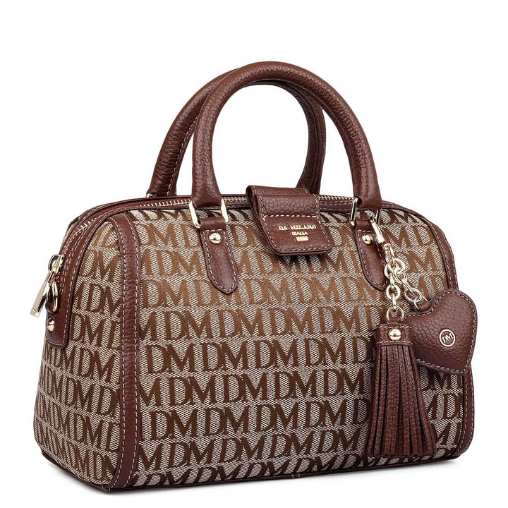 Small Canvas Wax Leather Satchel - Beige & Espresso