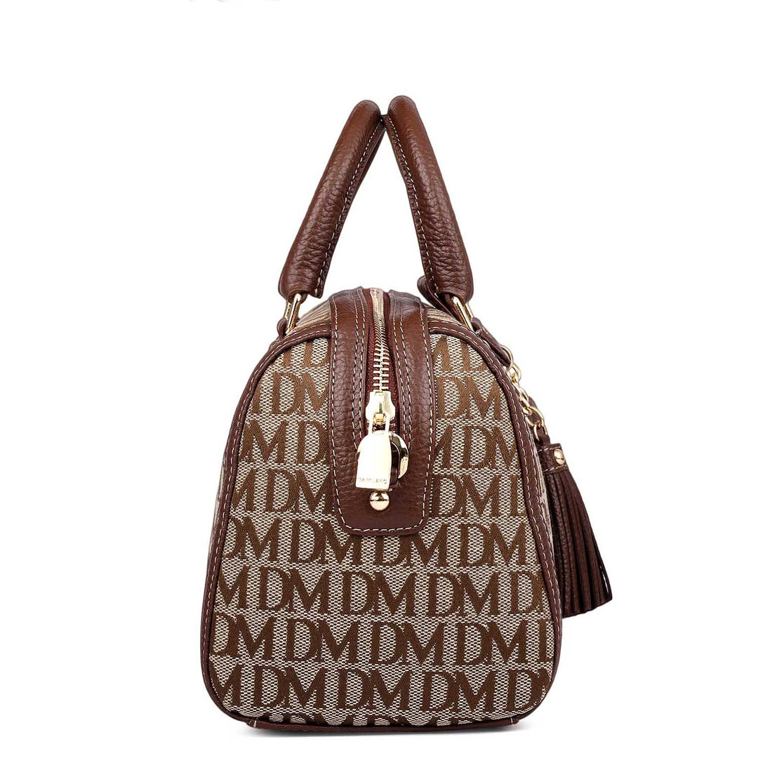 Small Canvas Wax Leather Satchel - Beige & Espresso