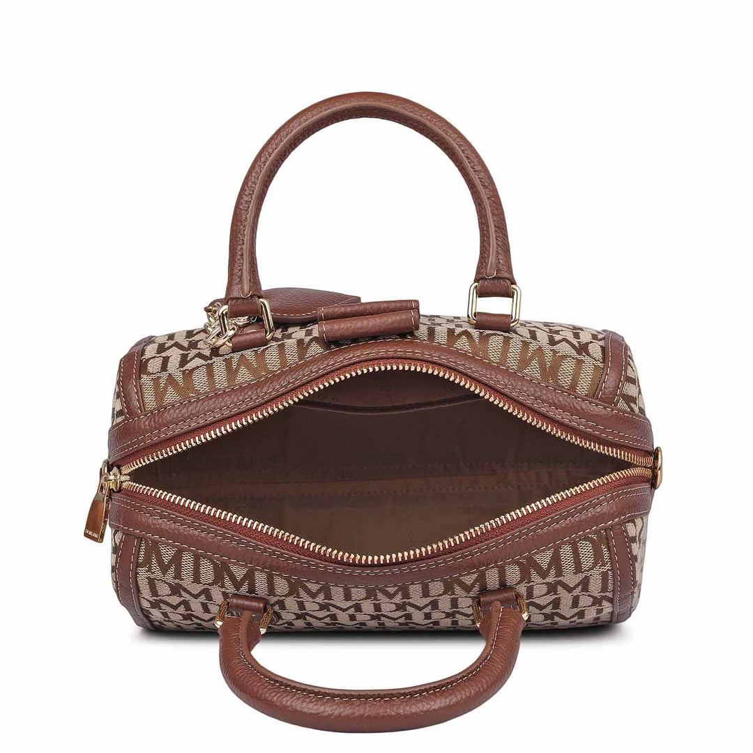 Small Canvas Wax Leather Satchel - Beige & Espresso