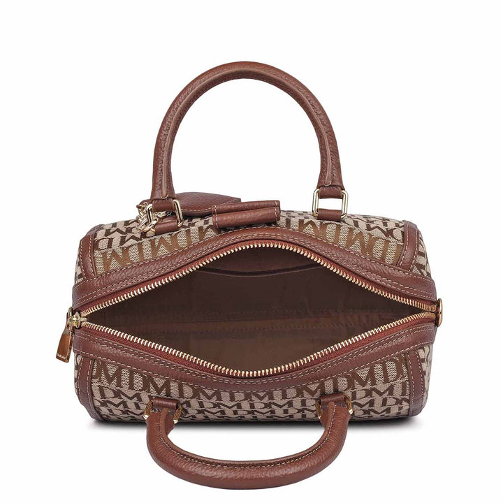 Small Canvas Wax Leather Satchel - Beige & Espresso