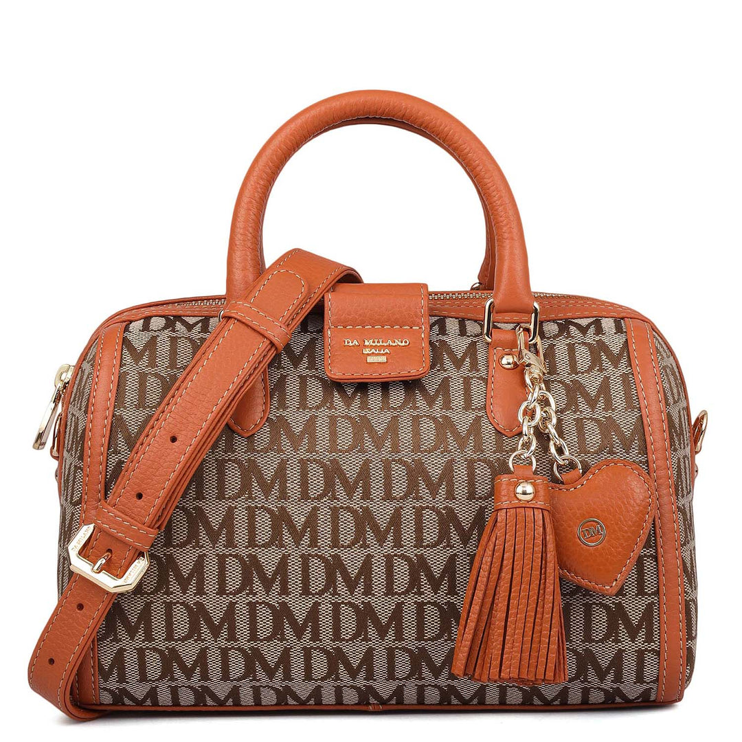 Small Canvas Wax Leather Satchel - Beige & Orange