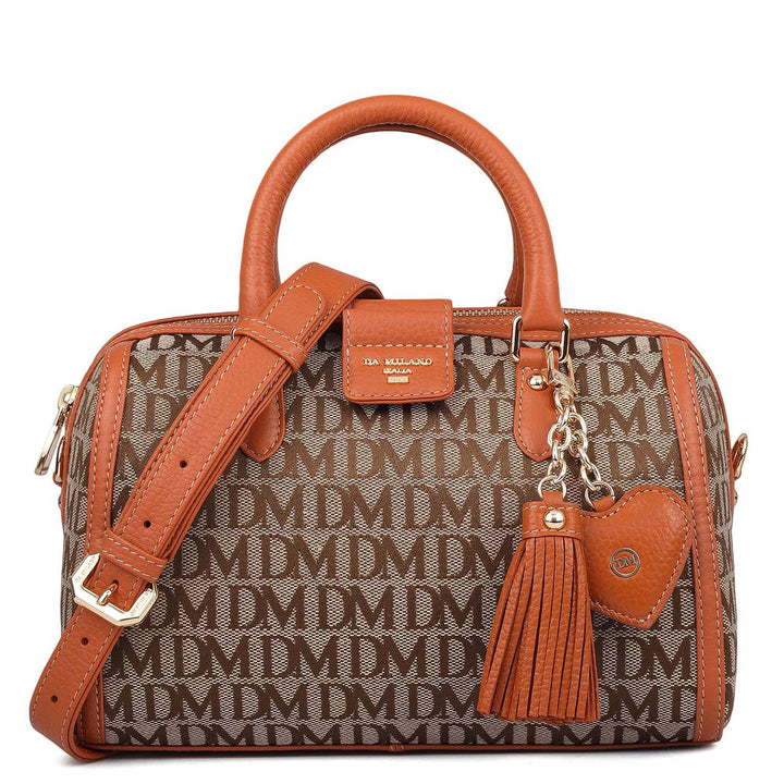 Small Canvas Wax Leather Satchel - Beige & Orange