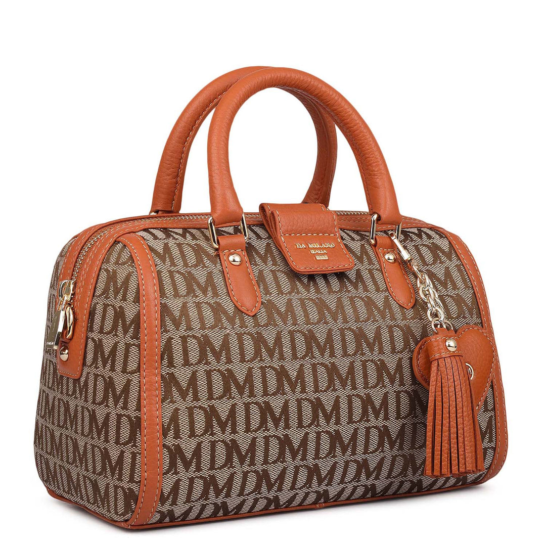 Small Canvas Wax Leather Satchel - Beige & Orange